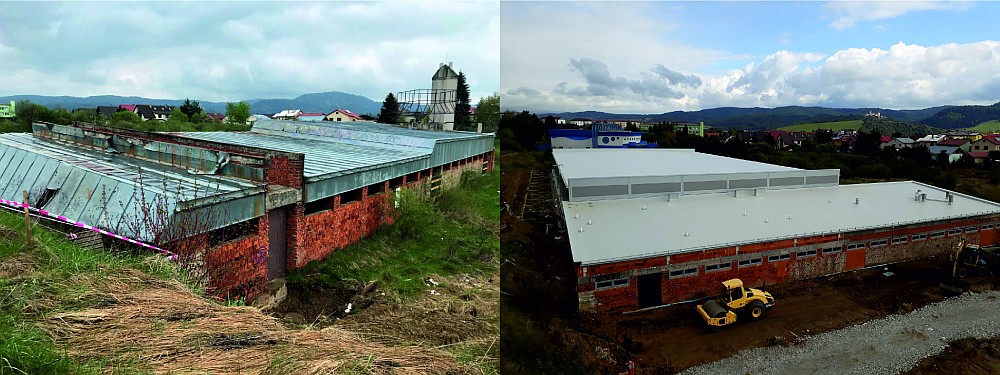 strecha prevádzkovej budovy pred a po