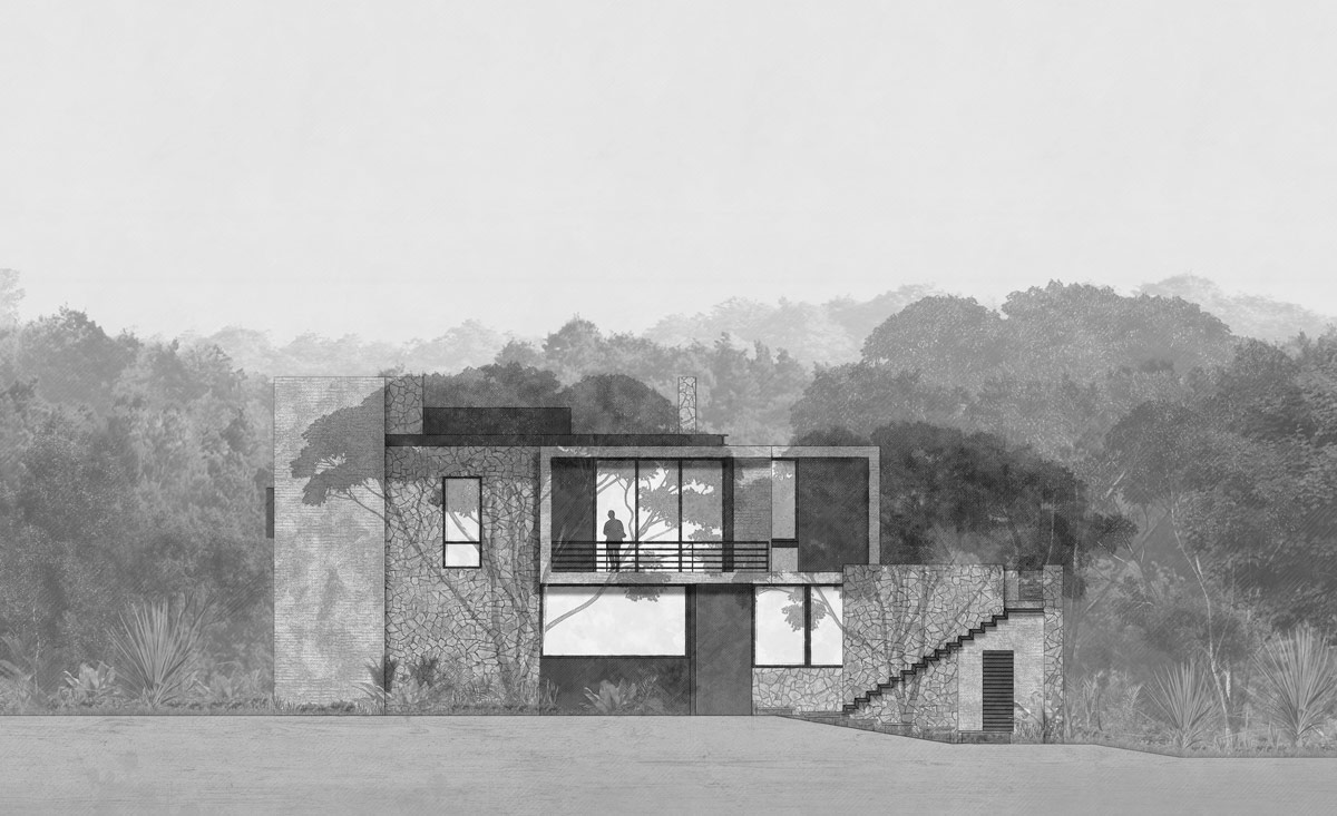 side elevation with exterior staircase