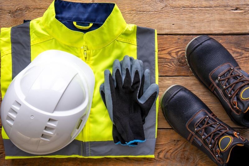 builder uniform wooden background flat lay