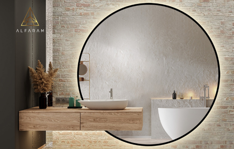 okruhle led zrkadlo na mieru s vyrezom pre skrinku v mdf rame orfeusz led